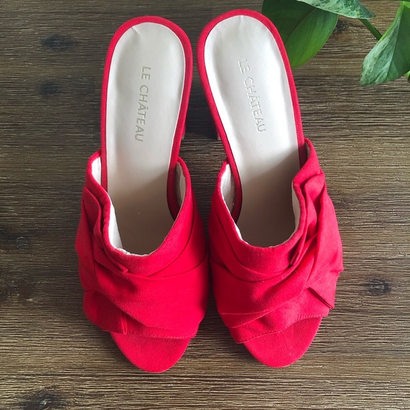 Red Block Heel Mules with Peep Toe - Picture 3 of 7